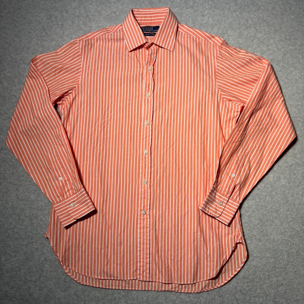 Polo Ralph Lauren Mens Orange White Striped Button Down Shirt Made in Italy 15.5